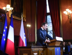 President of France Emmanuel Macron delivers a lecture at the JU