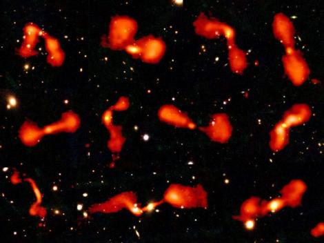 Photo no. 5 (10)
                                                         A montage of low-power radio galaxies from the HETDEX region of the LoTSS survey, shown on an optical background. Credit: Judith Croston and the LOFAR surveys team.
                            